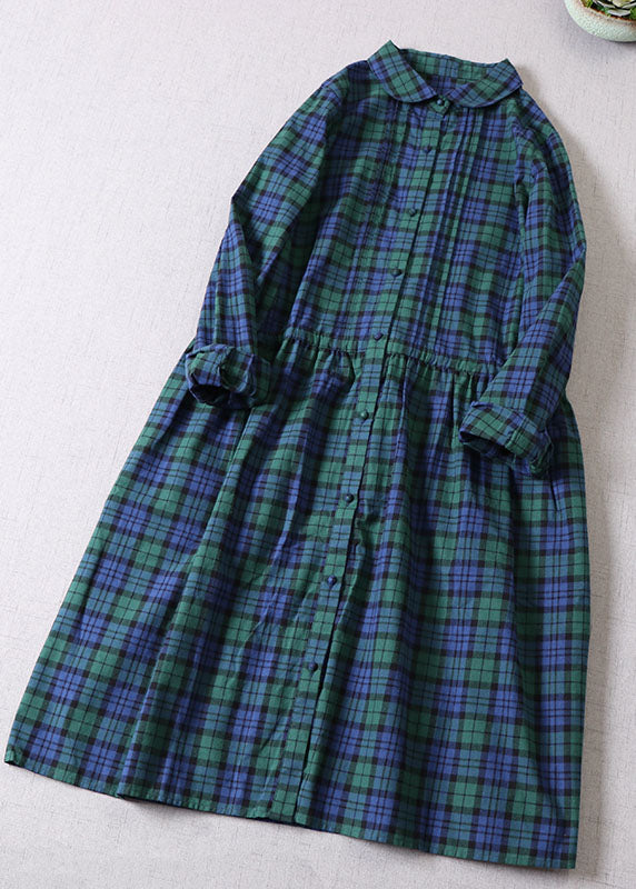 French Green Cinched Plaid Cotton Maxi Dresses Spring