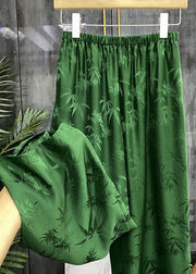 French Green High Waist Jacquard Wide Leg Fall Pants