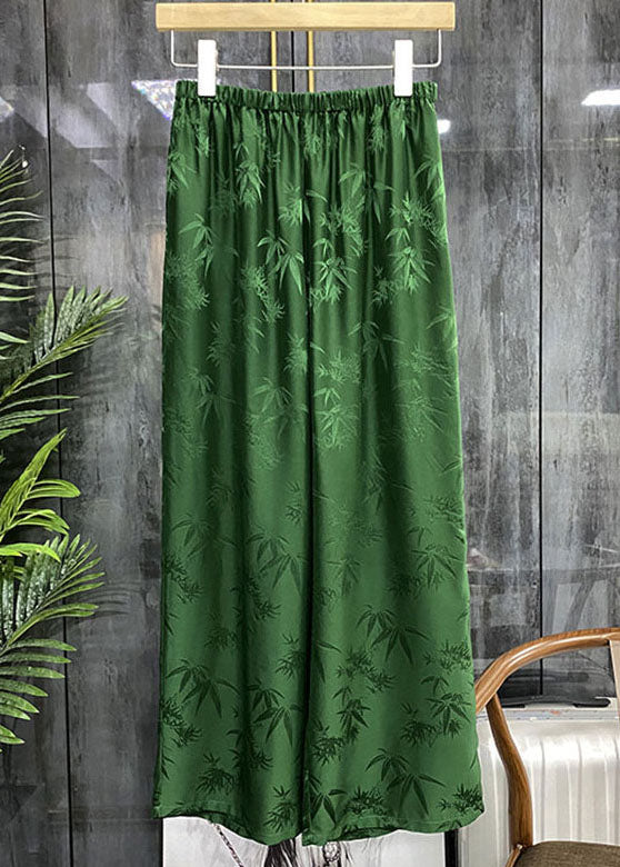 French Green High Waist Jacquard Wide Leg Fall Pants