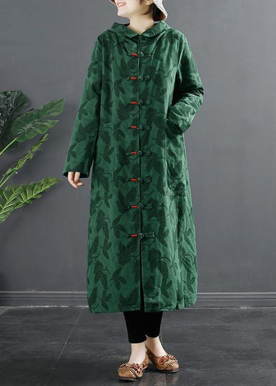 French Green Jacquard Hooded Chinese Button Robe Dresses - SooLinen