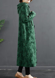 French Green Jacquard Hooded Chinese Button Robe Dresses - SooLinen