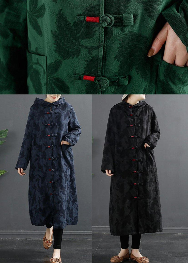 French Green Jacquard Hooded Chinese Button Robe Dresses - SooLinen