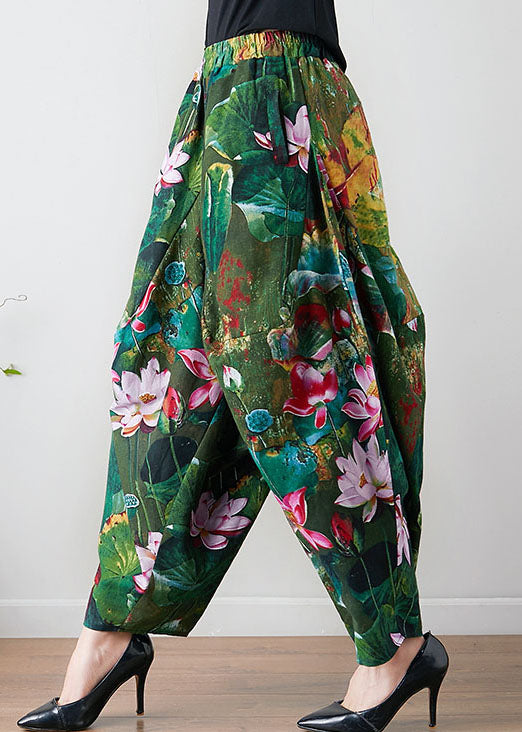 French Green Loose Oriental Print Pockets Fall Pants Trousers