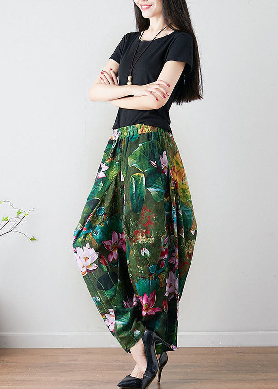 French Green Loose Oriental Print Pockets Fall Pants Trousers