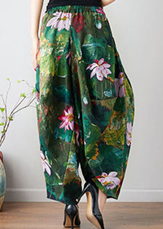 French Green Loose Oriental Print Pockets Fall Pants Trousers