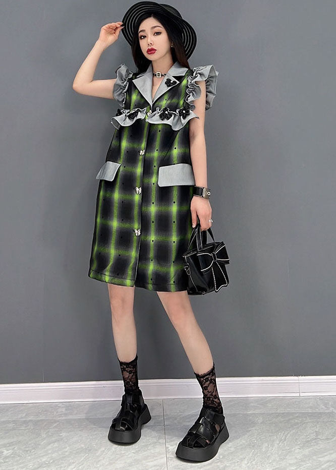 French Green Notched Collar Patchwork Ruffles Plaid Vacation Dresses Sleeveless