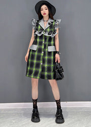 French Green Notched Collar Patchwork Ruffles Plaid Vacation Dresses Sleeveless