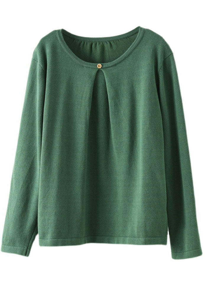 French Green O-Neck Button Fall Knit Knitted Sweaters Top