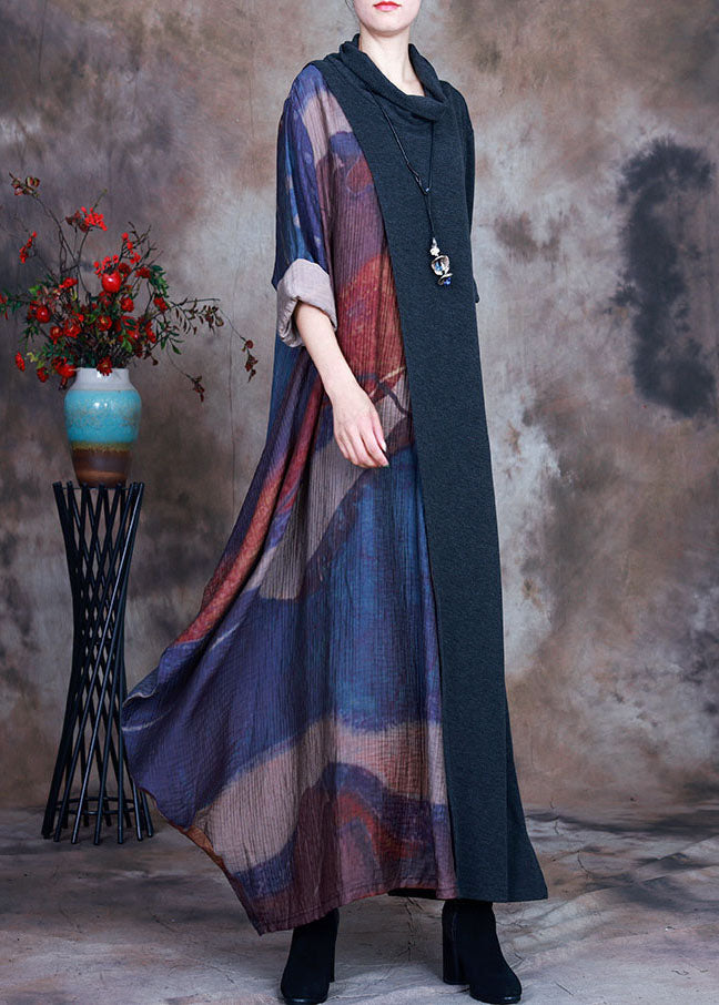 French Green Patchwork Blue Print Fall Long Dresses