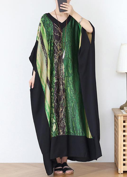 French Green Print Chiffon Patchwork Spring Dress - SooLinen