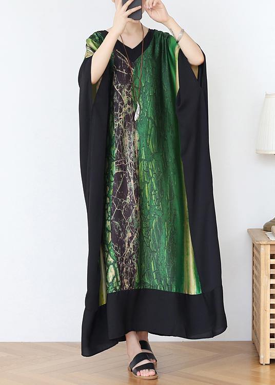 French Green Print Chiffon Patchwork Spring Dress - SooLinen