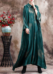 French Green Print Silk Dress Long Asymmetric Art Dress - SooLinen