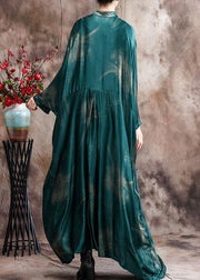 French Green Print Silk Dress Long Asymmetric Art Dress - SooLinen