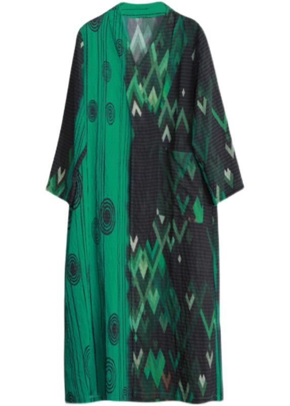 French Green Print Long Summer Dresses - SooLinen