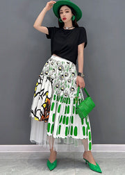 French Green Print Elastic Waist Tulle Patchwork Cotton Beach Skirts Summer