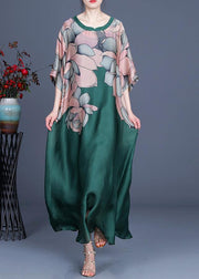 French Green Print Three Quarter sleeve Silk Summer Dress Two Pieces Set - SooLinen