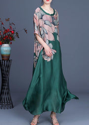 French Green Print Three Quarter sleeve Silk Summer Dress Two Pieces Set - SooLinen