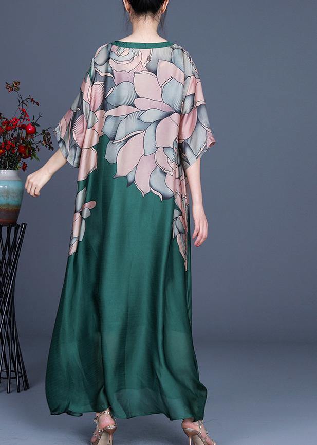 French Green Print Three Quarter sleeve Silk Summer Dress Two Pieces Set - SooLinen