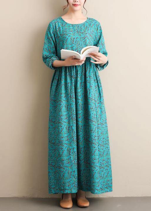 French Green Print Tunics O Neck Cinched Dresses  Dress - SooLinen