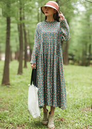 French Green Ruffled Print Maxi Dresses Spring