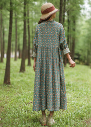 French Green Ruffled Print Maxi Dresses Spring