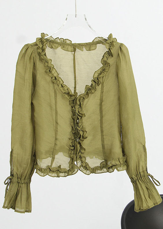 French Green Rüschen-Chiffon-Tops mit V-Ausschnitt Frühling