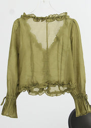 French Green Rüschen-Chiffon-Tops mit V-Ausschnitt Frühling