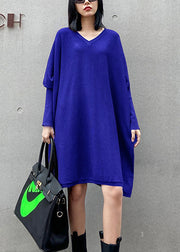 French Green V Neck Patchwork Casual Fall Knitwear Dress