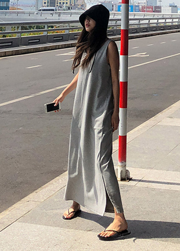 French Grey O-Neck Backless Side Open Cotton Long Dress Sleeveless