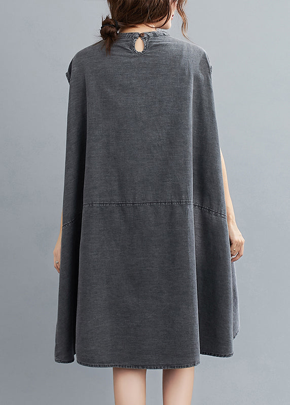 French Grey Stehkragentaschen Baumwoll-Denim-Kleid ärmellos