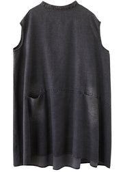 French Grey Stand Collar pockets Cotton Denim Dress Sleeveless