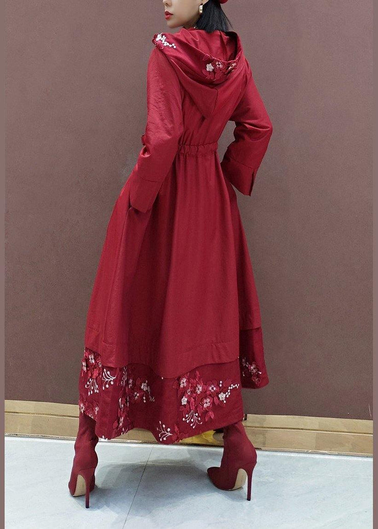 French Hooded Fine Spring Clothes For Women Red Embroidery Art Coats - SooLinen