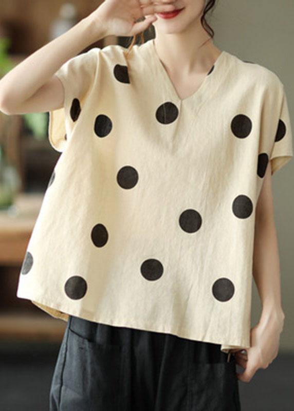 French Khaki V Neck Dot Summer Linen Shirt Top - SooLinen