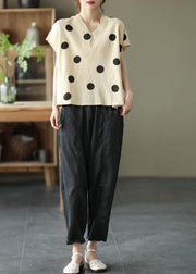 French Khaki V Neck Dot Summer Linen Shirt Top - SooLinen