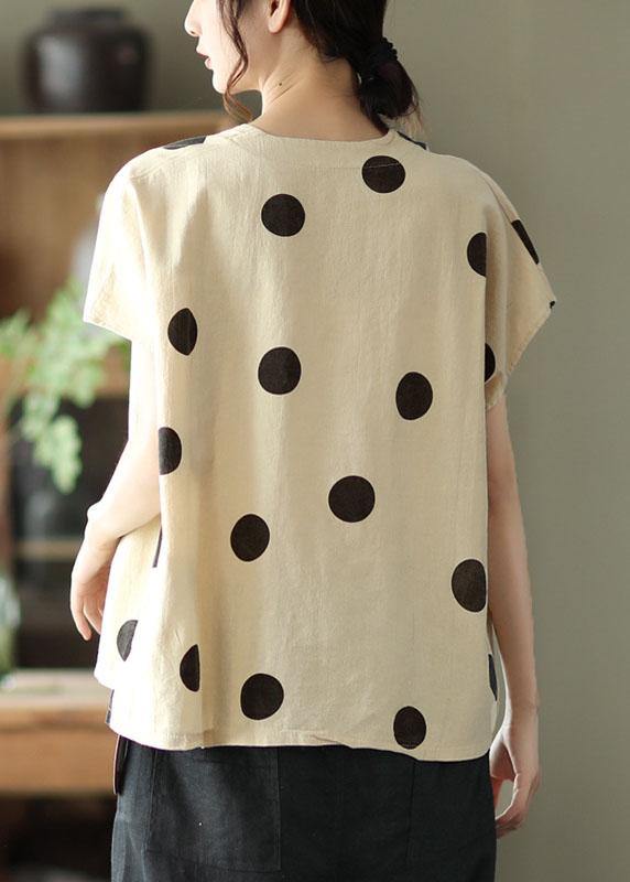 French Khaki V Neck Dot Summer Linen Shirt Top - SooLinen