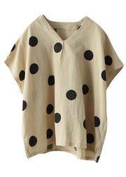 French Khaki V Neck Dot Summer Linen Shirt Top - SooLinen