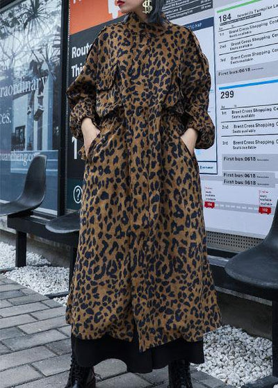 French Leopard Plus Size trench coat Gifts zippered fall coat - SooLinen