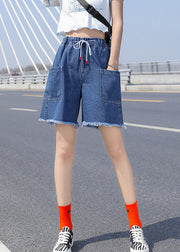 French Light Blue Elastic Waist Drawstring Pockets Cotton Denim Short Pants Summer