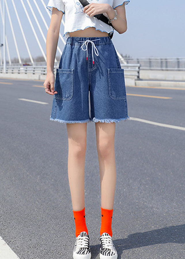 French Light Blue Elastic Waist Drawstring Pockets Cotton Denim Short Pants Summer