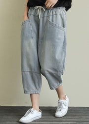 French Light Blue Taschen elastischer Bund Cotton Denim Pants Spring