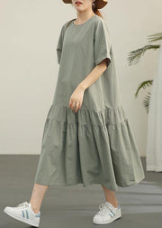 French Light Green Cinched Mermaid Long Summer Cotton Dress - SooLinen