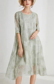 French Light Green Embroidery Chiffon Short Sleeve Summer Maxi Dresses - SooLinen