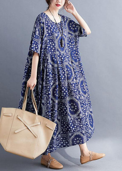 French Navy Exra Large Hem Print Dresses Cotton Linen Summer - SooLinen