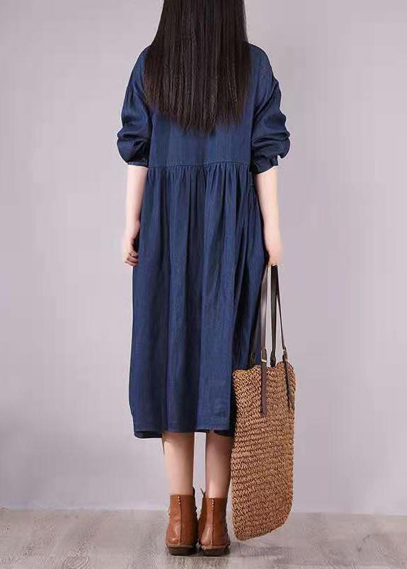 French Navy Peter Pan Collar Button Pockets Fall Long sleeve Denim Dress