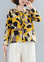 French O Neck Button Down Shirts Inspiration Yellow Geometric Top - SooLinen