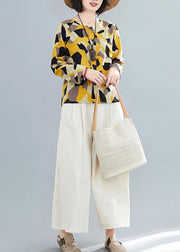 French O Neck Button Down Shirts Inspiration Yellow Geometric Top - SooLinen