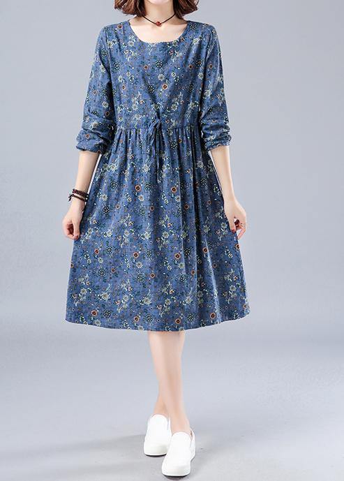 French O Neck Drawstring Spring Dresses Wardrobes Blue Print Dress - SooLinen