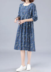 French O Neck Drawstring Spring Dresses Wardrobes Blue Print Dress - SooLinen