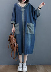 French O Neck Patchwork Spring Dresses Outfits Denim Blue Robe Dresses - SooLinen