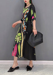 French O-Neck Print Patchwork Tie Waist Chiffon Dresses Half Sleeve